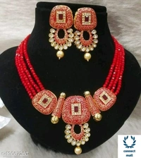 Blue Fancy Women Necklaces Set With Earrings For Marriage , Party - Adjustable, green, Brass